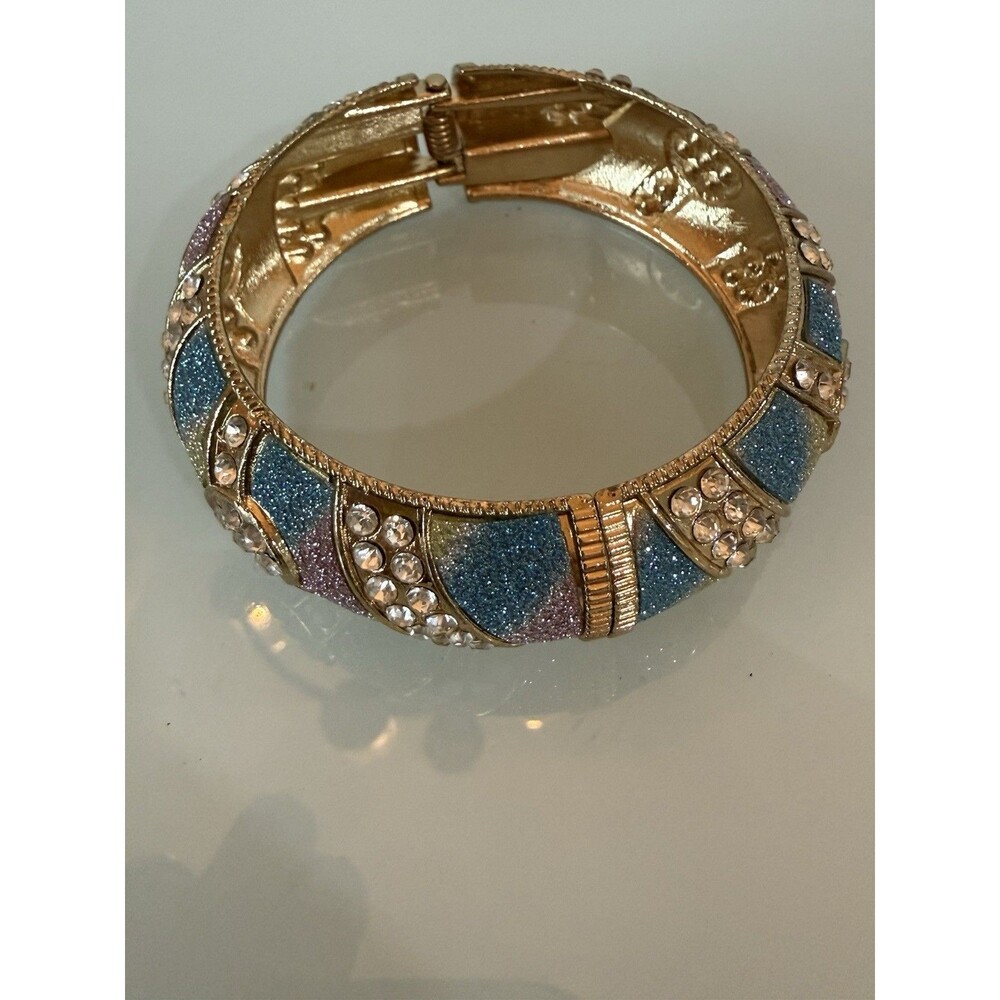 Vintage Gold Tone Multi Color Glitter Stripe Rhinestone Medallion Bangle Cuff